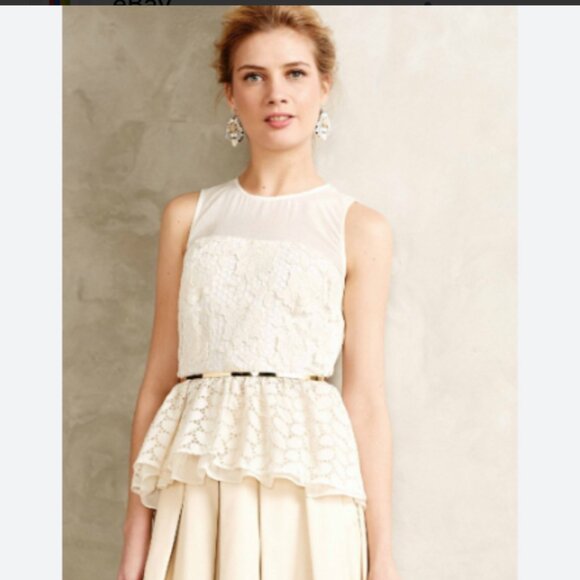 Anthropologie Floreat Womens Size 2 Trois Lace Layer Ruffle Ivory Peplum Blouse - Picture 1 of 16
